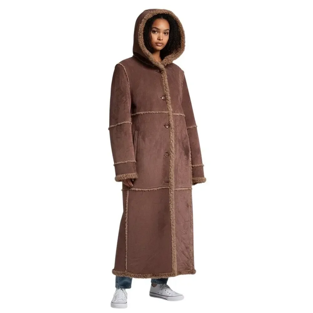 Vintage Y2K Gallery Tan Suede Sherpa Penny Lane Trench Coat-size Small - Picture 2 of 15